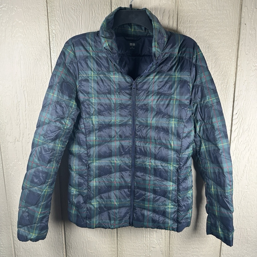 Uniqlo Ultra Light Down Puffer Jacket Womens Sz Medium Packable Zip Green Plaid